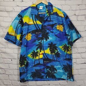 Hawaii Creations Shirt Mens L Large Blue Palm Tree Print Polyester Vintage